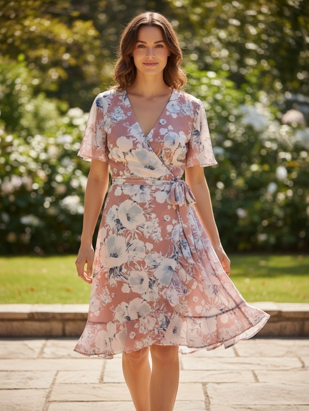 June & Hudson Blush Pink Floral Knee Length Wrap Dress Size Small Cottagecore